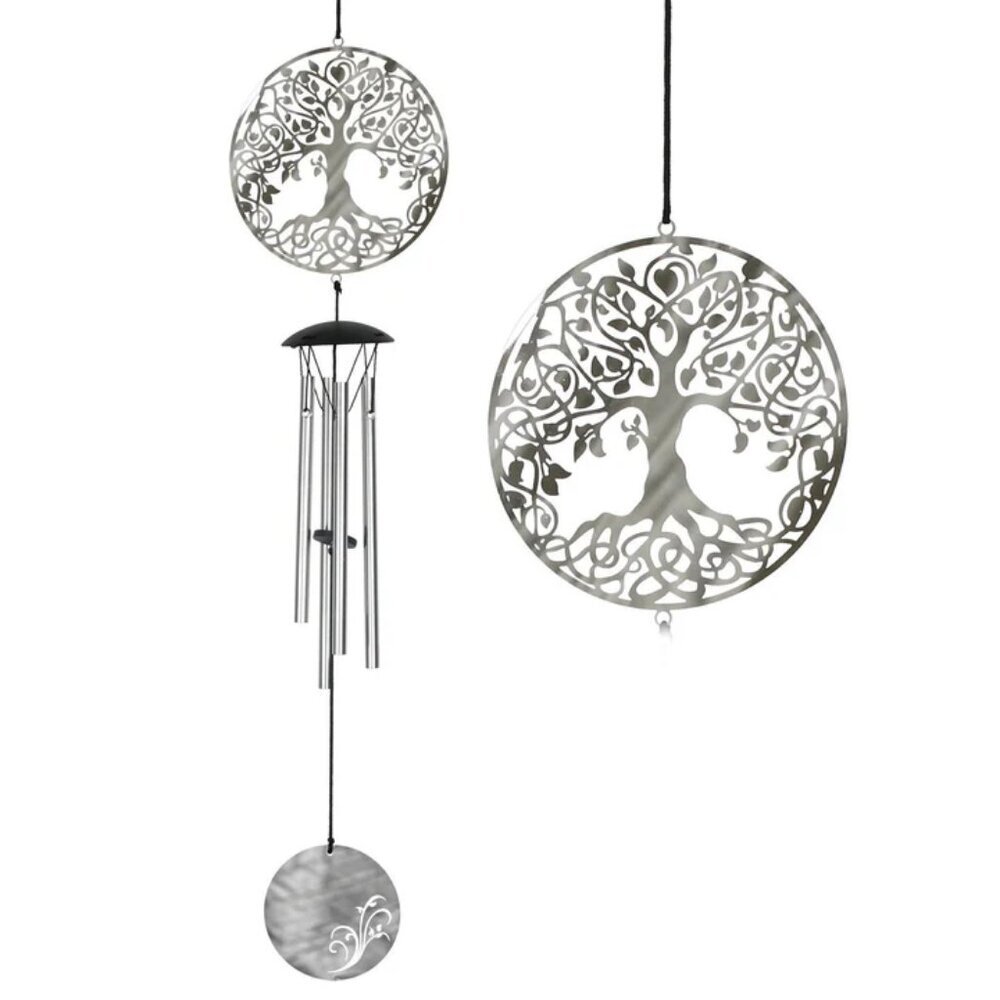 WOODSTOCK CHIMES Silver Tree of Life Wind Chime Musical Decor Garden Art 18" L